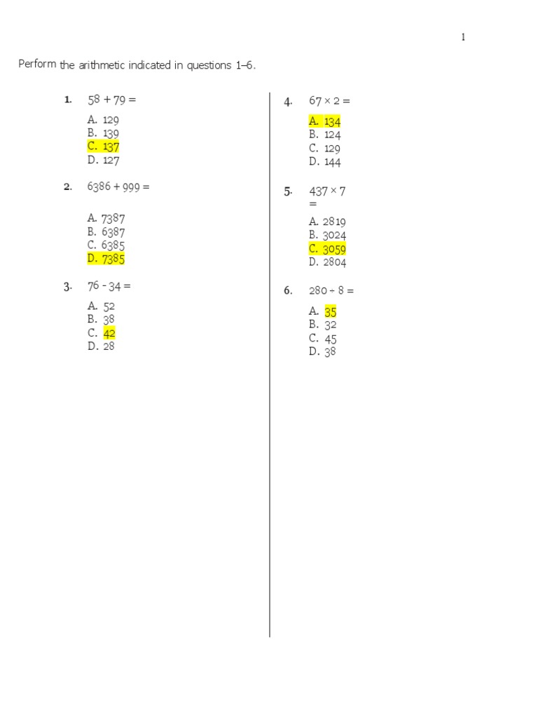 WBST Sample Questions - Form QS-A: Perform The Arithmetic Indicated in ...