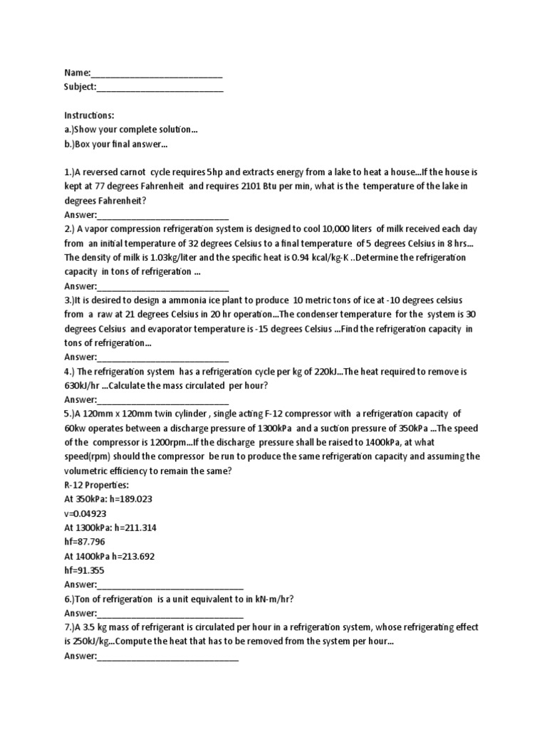 Refrigeration Midterm Exam ### | PDF | Refrigeration | Transport Phenomena