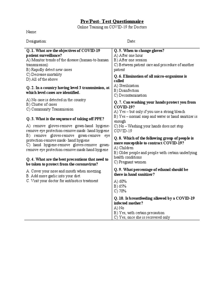 PreTest Questionnaire, COVID19 PDF Hygiene Disinfectant