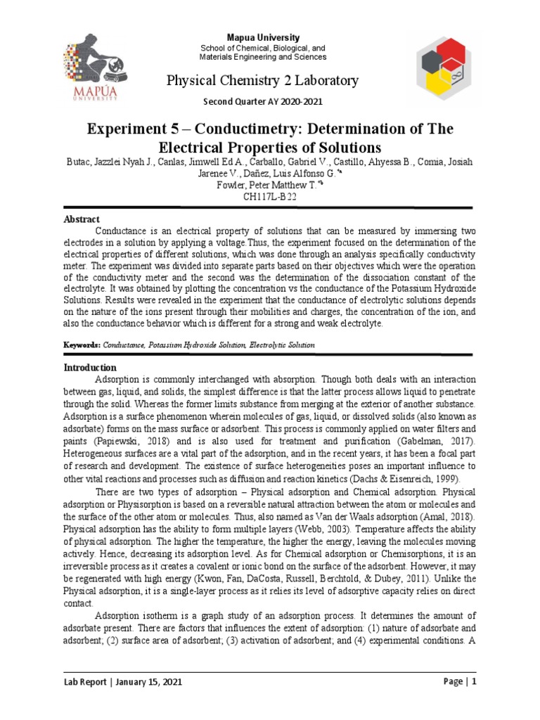Group 2 - ch117l - Final Lab Report 5 | PDF | Adsorption | Electrolyte