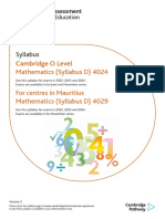 Syllabus: Cambridge O Level Mathematics (Syllabus D) 4024 For Centres in Mauritius Mathematics (Syllabus D) 4029