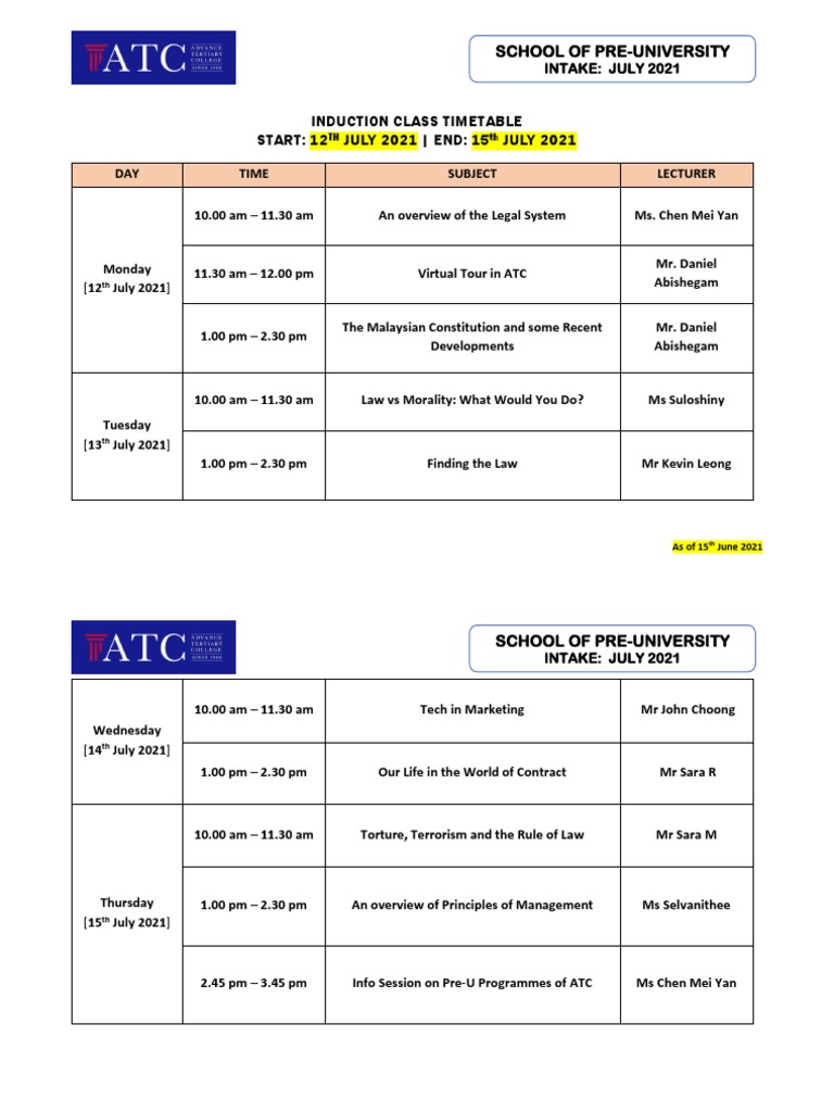 July 2021 Pre-U Induction Schedule | PDF