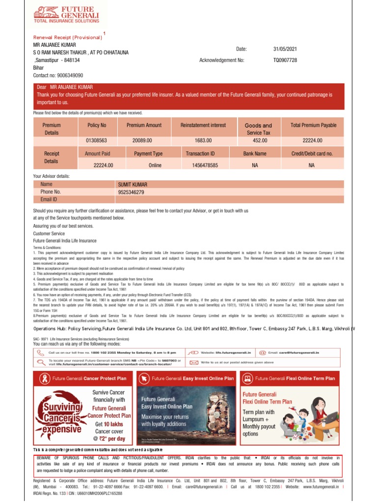 Renewal Receipt for Life Insurance Policy Document Detailing Premium