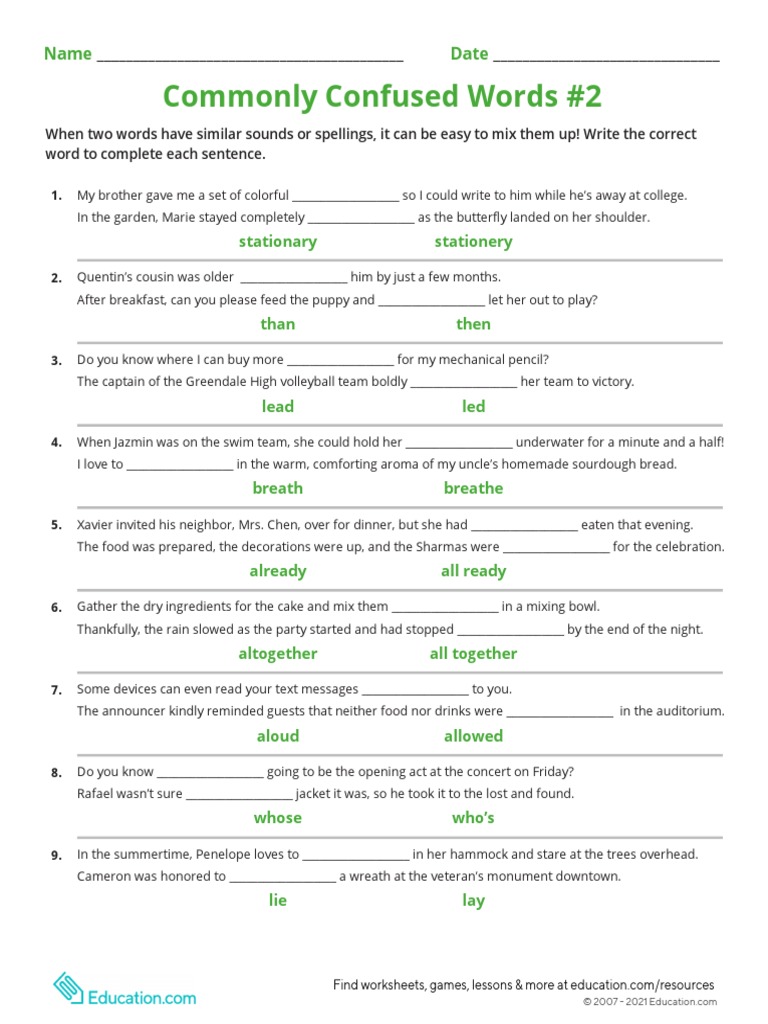 Commonly Confused Words Worksheet