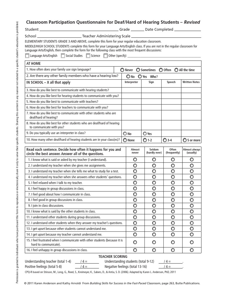 Classroom Participation Questionnaire For Deaf/Hard of Hearing Students