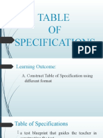 Table of Specifications