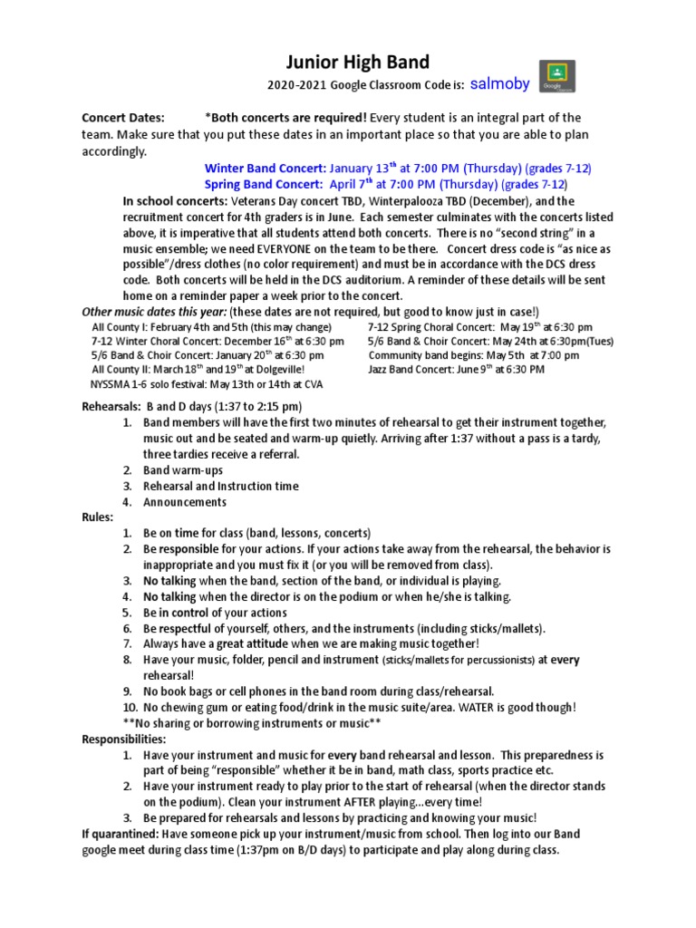 Junior High Band Contract PDF Musical Instruments Percussion