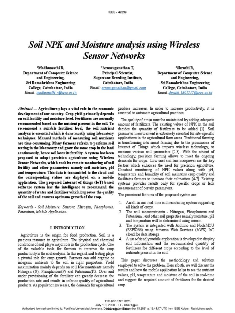 Soil NPK and Moisture Analysis Using Wireless Sensor Networks | PDF ...