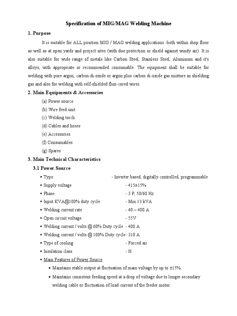 Specification Of Mig Welding Machine Pdf Construction Welding