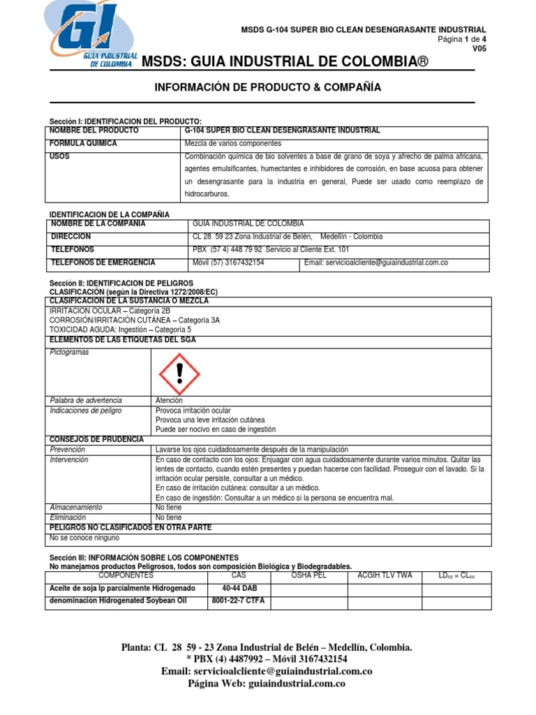 MSDS G-104 Super Bio Clean-Sga | PDF | Agua | Descomposición