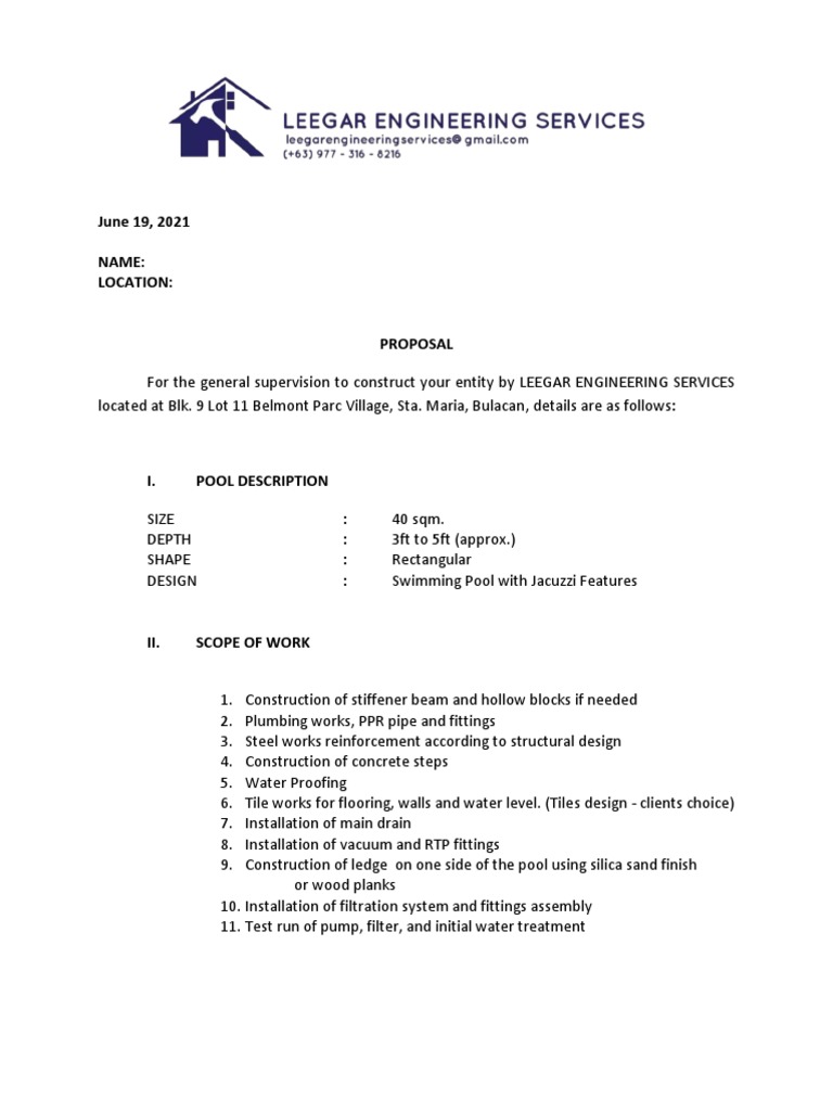 Swimming Pool Construction Proposal | PDF | Filtration | Civil Engineering