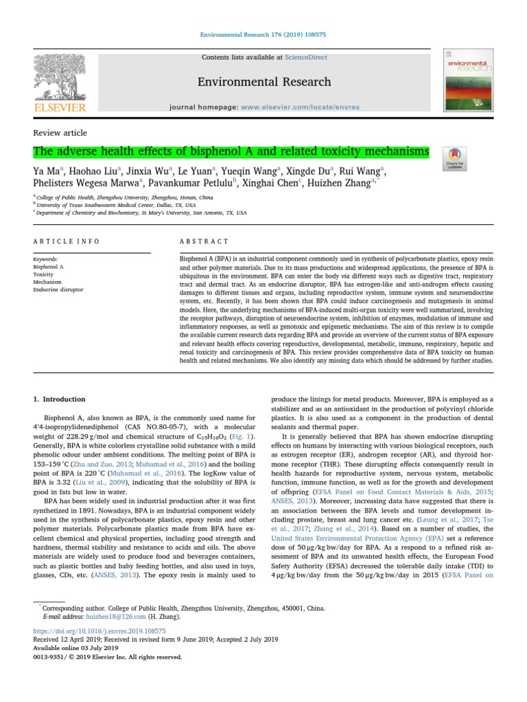 The Adverse Health Effects of Bisphenol A and Related Toxicity ...
