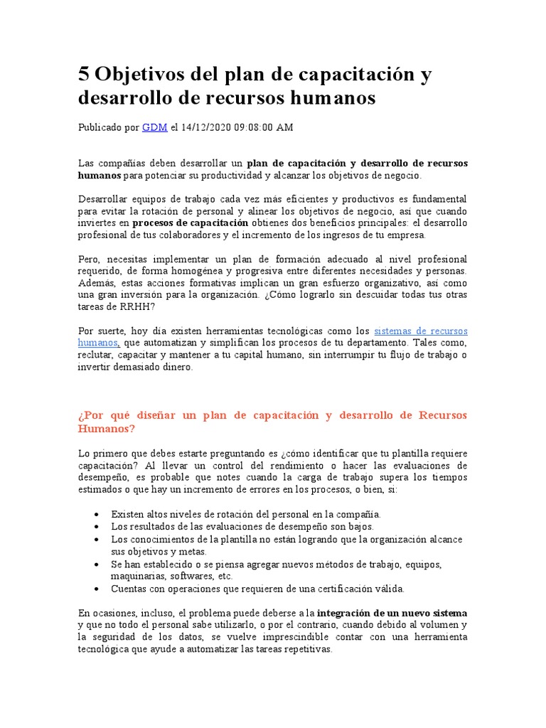 5 Objetivos Del Plan de Capacitación y Desarrollo de Recursos Humanos ...