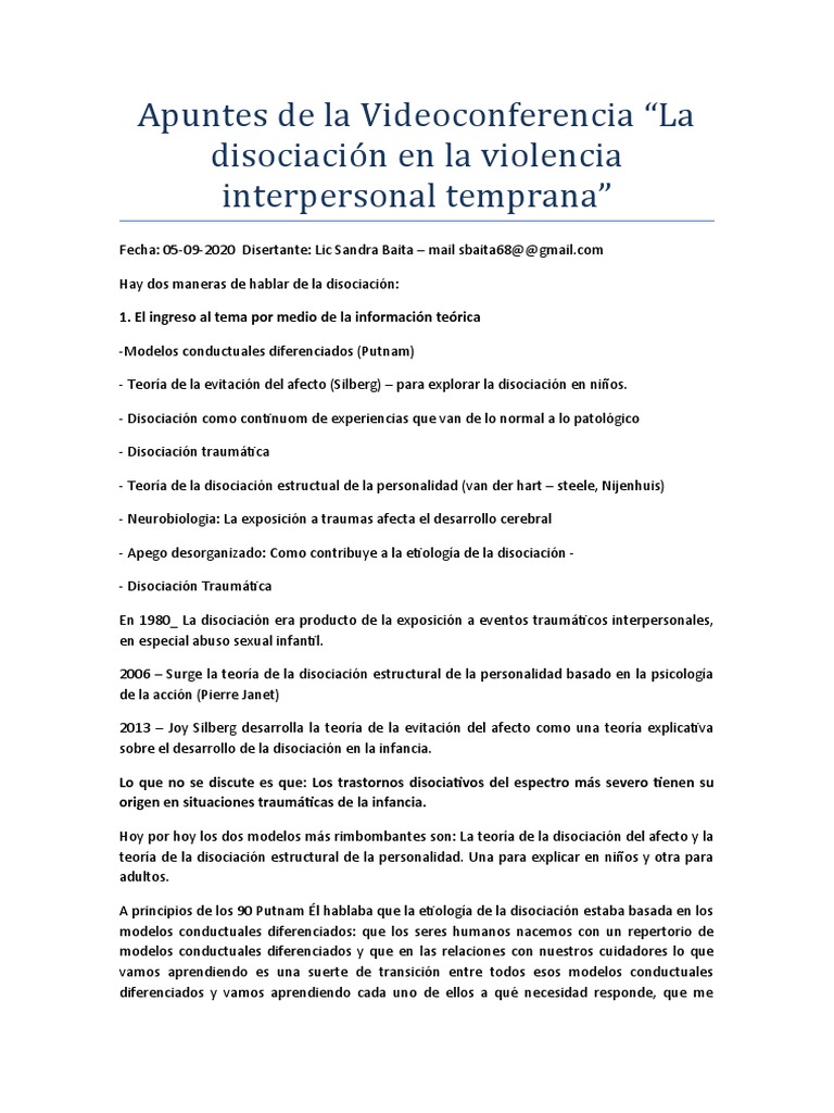 Apuntes de La Videoconferencia DIsociación Por Sandra Baita | PDF Trauma psicólogico | Disociación (psicología)