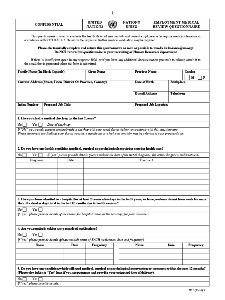 Confidential united nations nations unies employment medical review