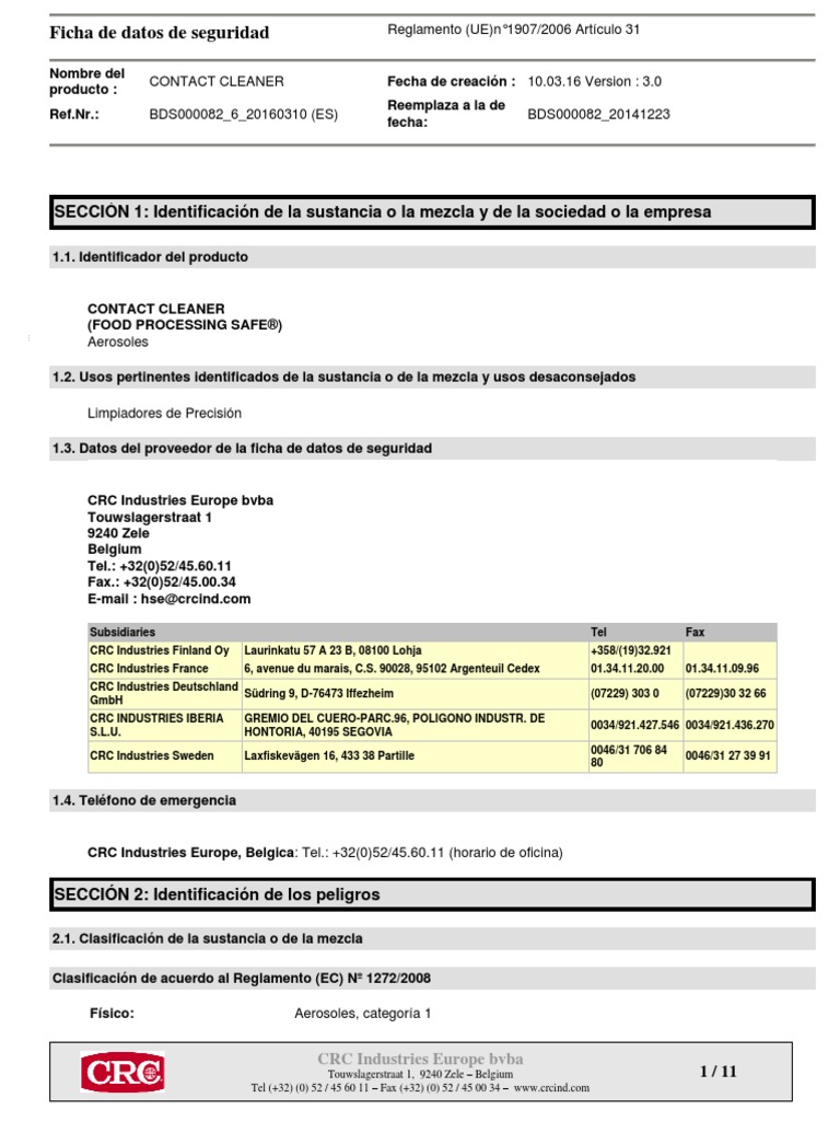 HojaSeguridadContact Cleaner PDF Seguridad y salud ocupacional Agua
