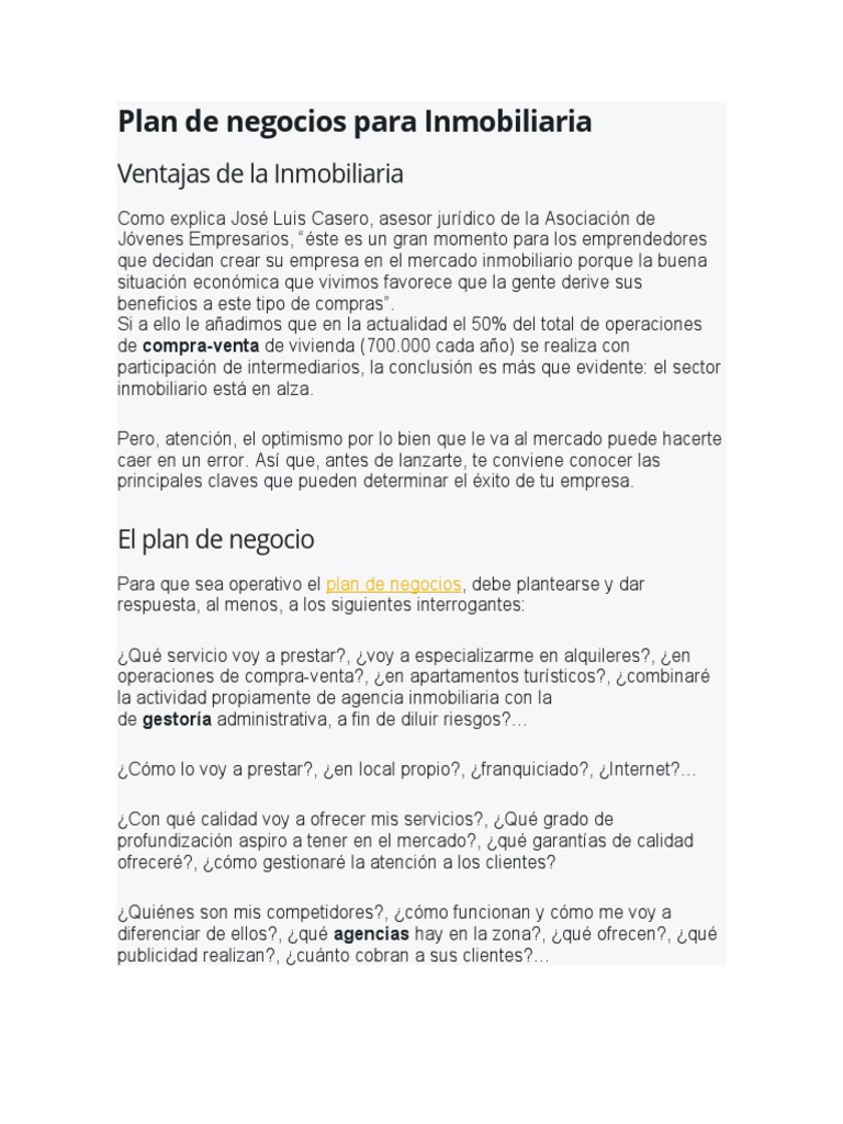 Plan de Negocios para Inmobiliaria | PDF | Mercado (economía) | Economias