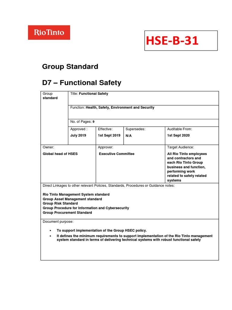 Rio Tinto Functional Safety Standard PDF Verification And
