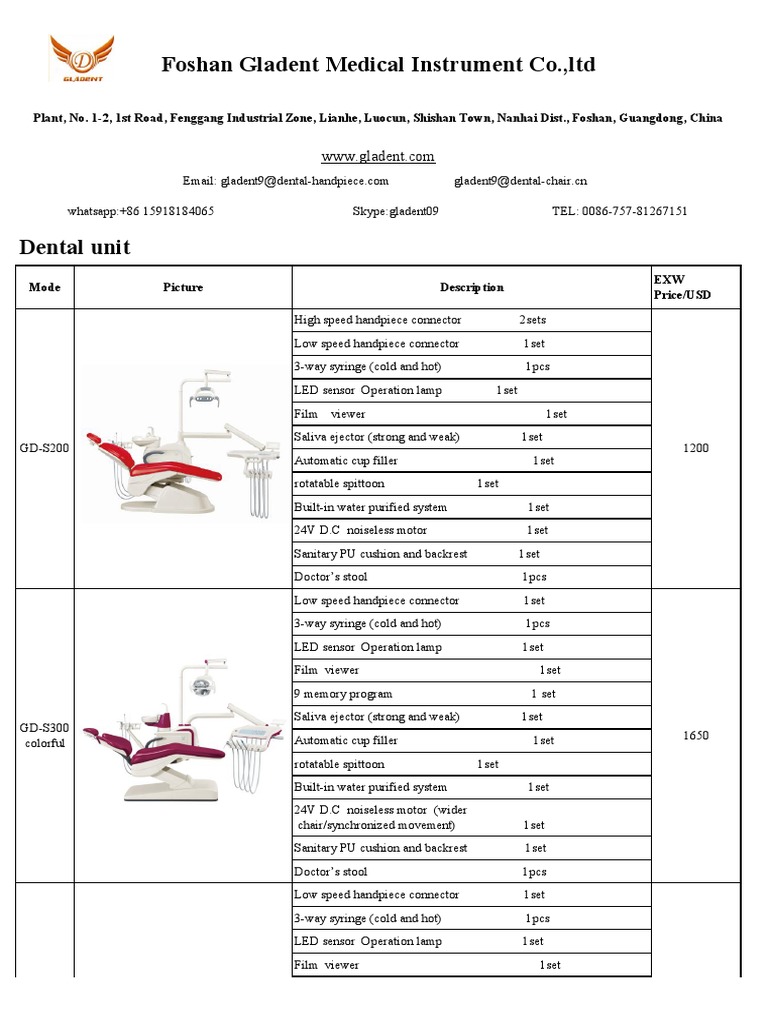 Dental Unit Product Line and Specifications from Foshan Gladent Medical