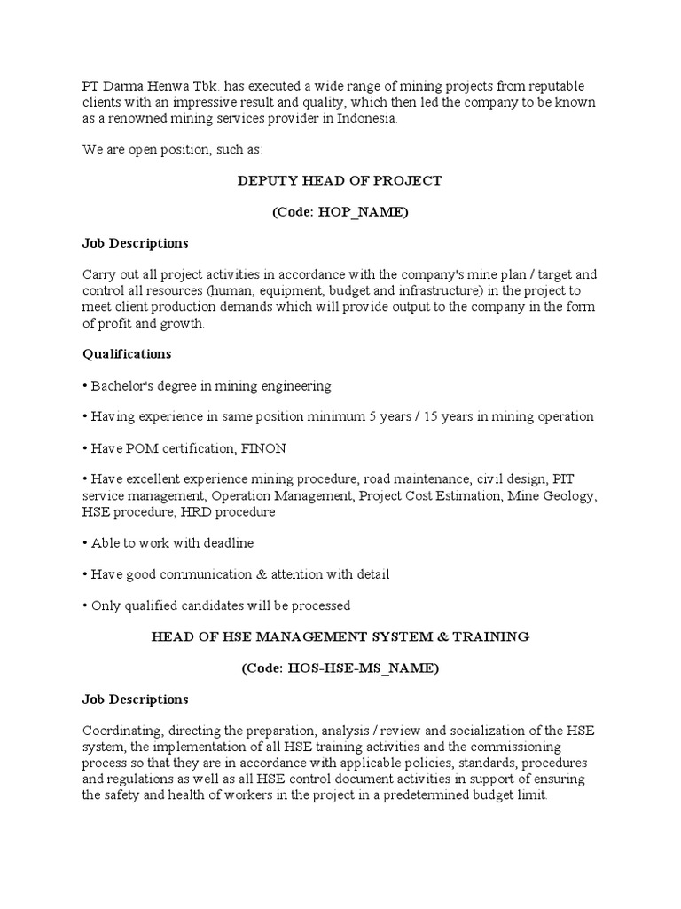 Deputy Head of Project (Code HOP NAME) Job Descriptions Download