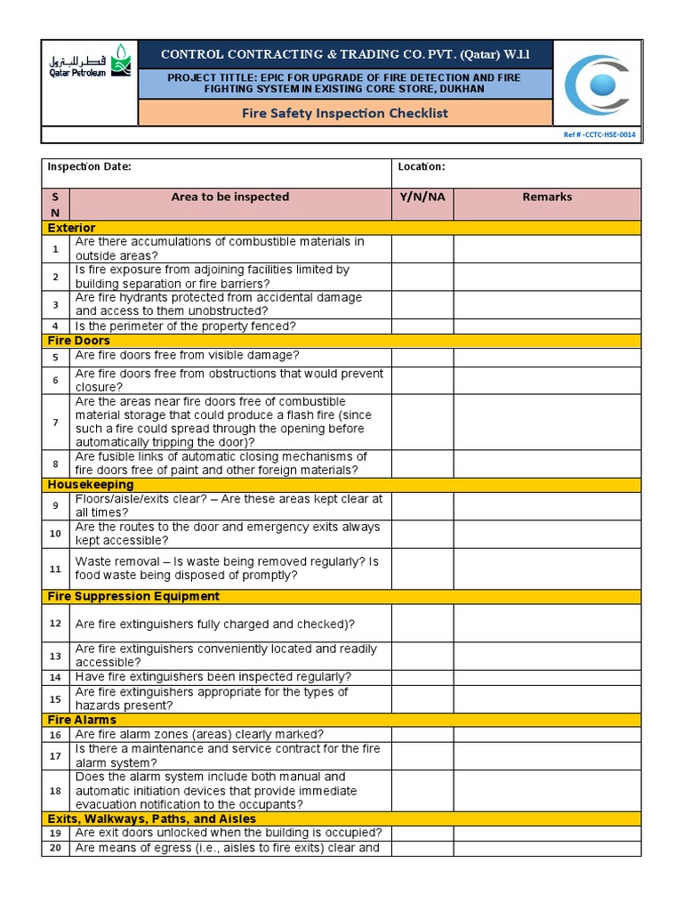 14 Fire Safety and Inspection Checklist PDF Fires Firefighting
