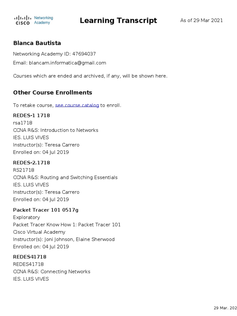 NetAcad Learning Transcript | PDF