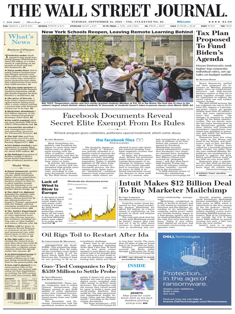 The Wall Street Journal - Vol. 278 No. 063 (14 Sep 2021) | PDF | Federal  Reserve | Facebook