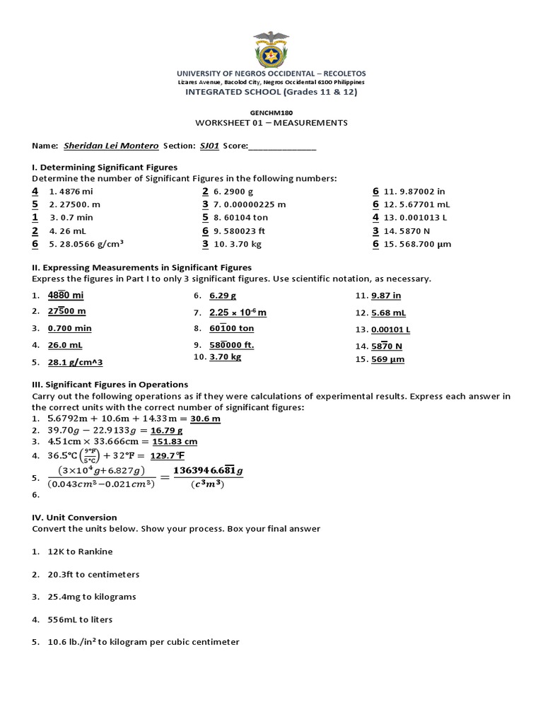 Significant Figures & Unit Conversion Worksheet | PDF | Significant ...