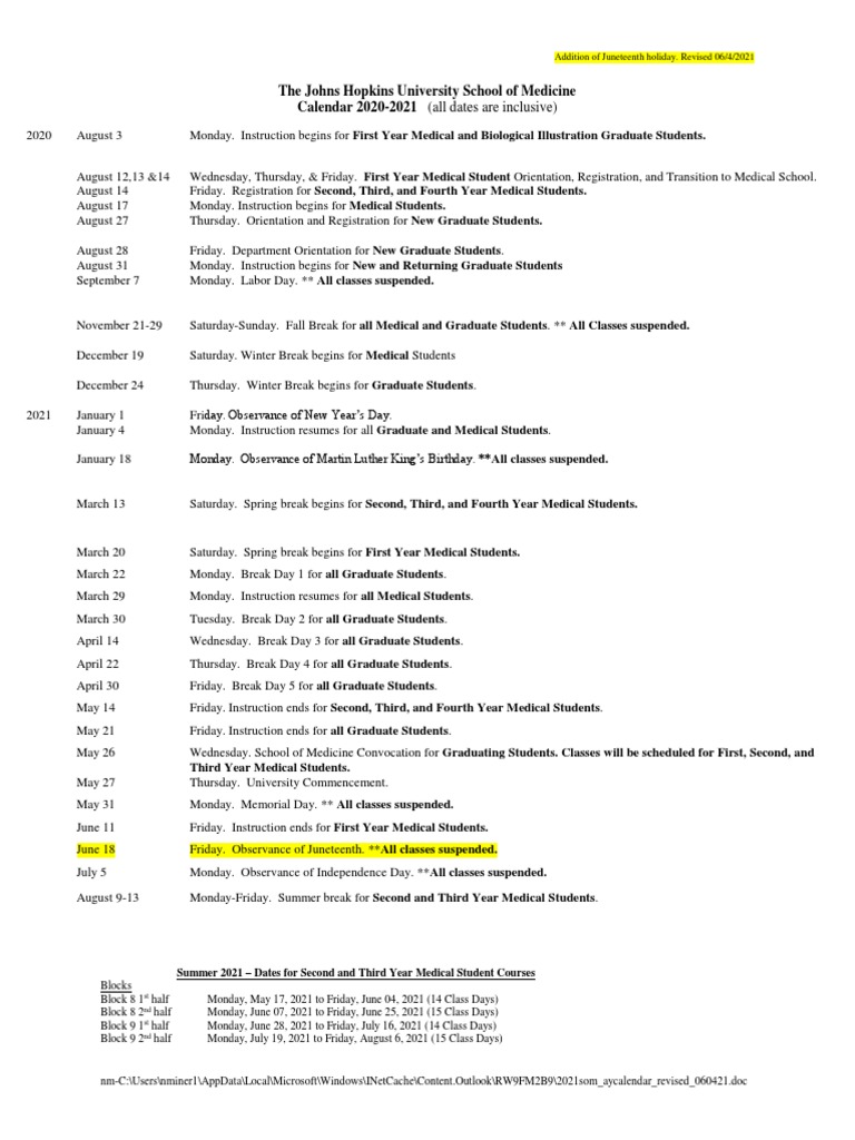 The Johns Hopkins University School of Medicine Calendar 2020-2021 (All  Dates Are Inclusive) | PDF | Academic Term | Academia