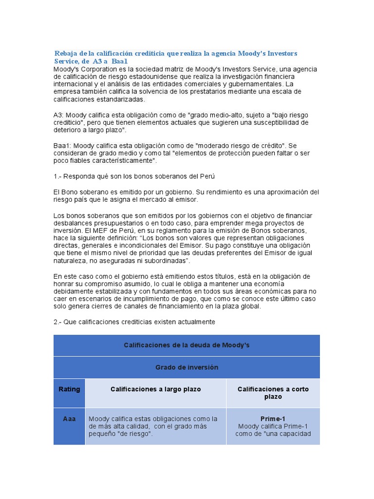 Rebaja de La Calificación Crediticia Que Realiza La Agencia Moody | PDF ...