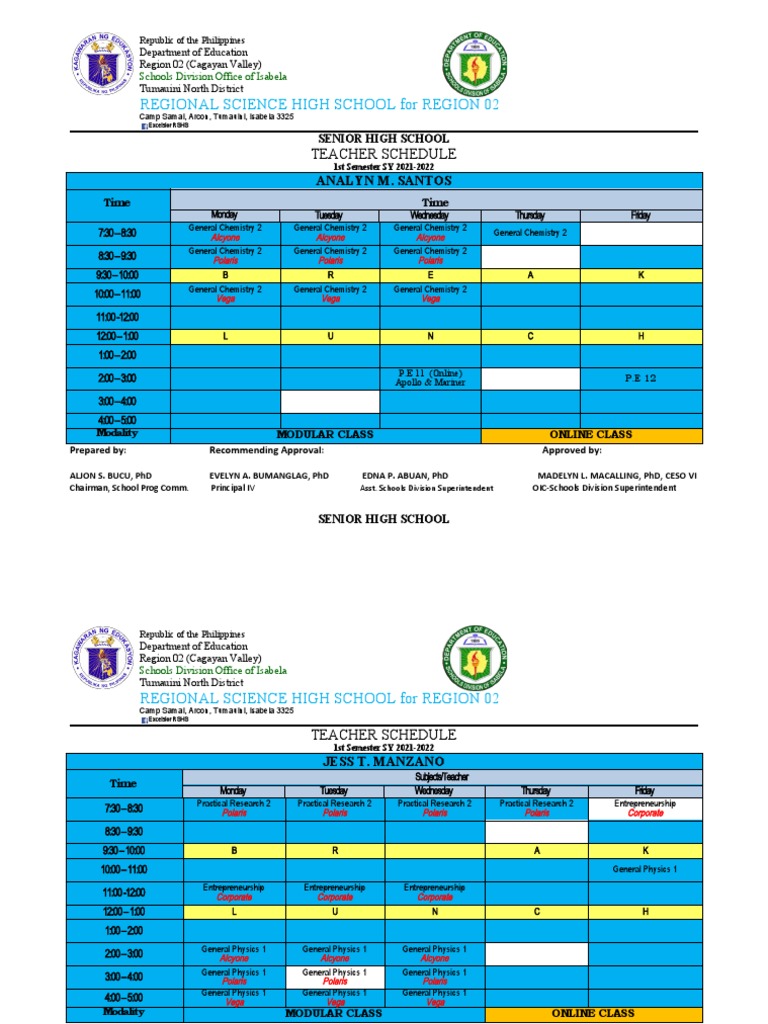 Regional Science High School For Region 02 Teacher Schedule PDF