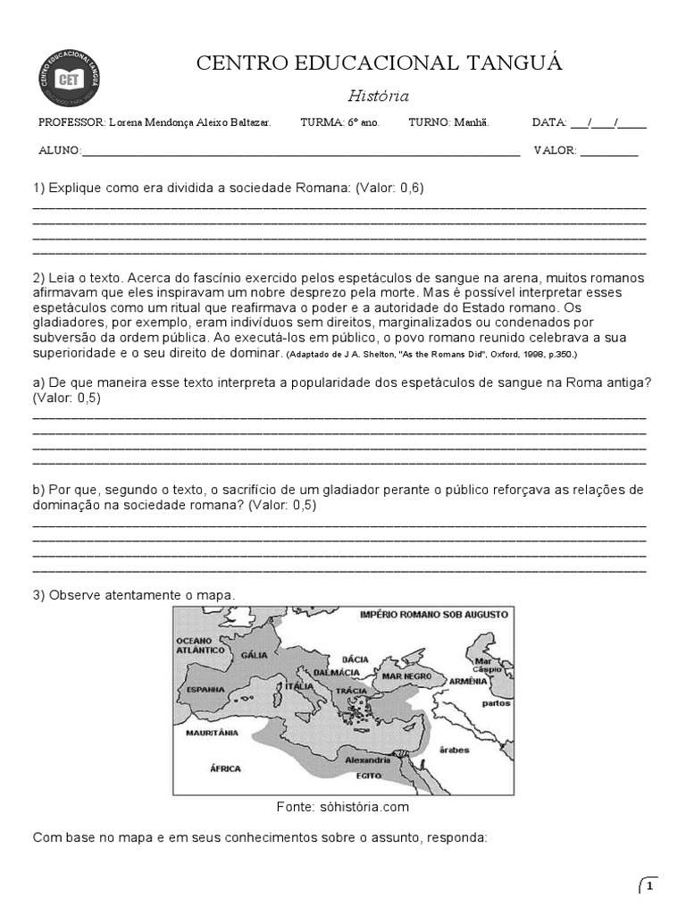 Prova de História - 6º Ano - 3º Bimestre | PDF | Império Romano | Roma ...