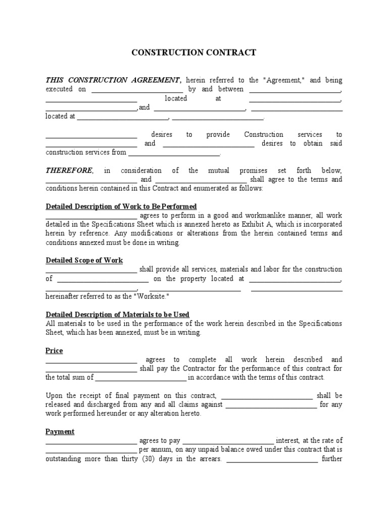Construction Contract: THIS CONSTRUCTION AGREEMENT, Herein Referred To ...