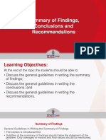 Summary of Findings, Conclusions and Recommendations