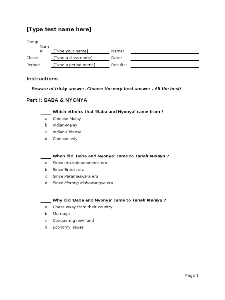 (Type Test Name Here) : Instructions | PDF | Malaysia | Southeast Asia