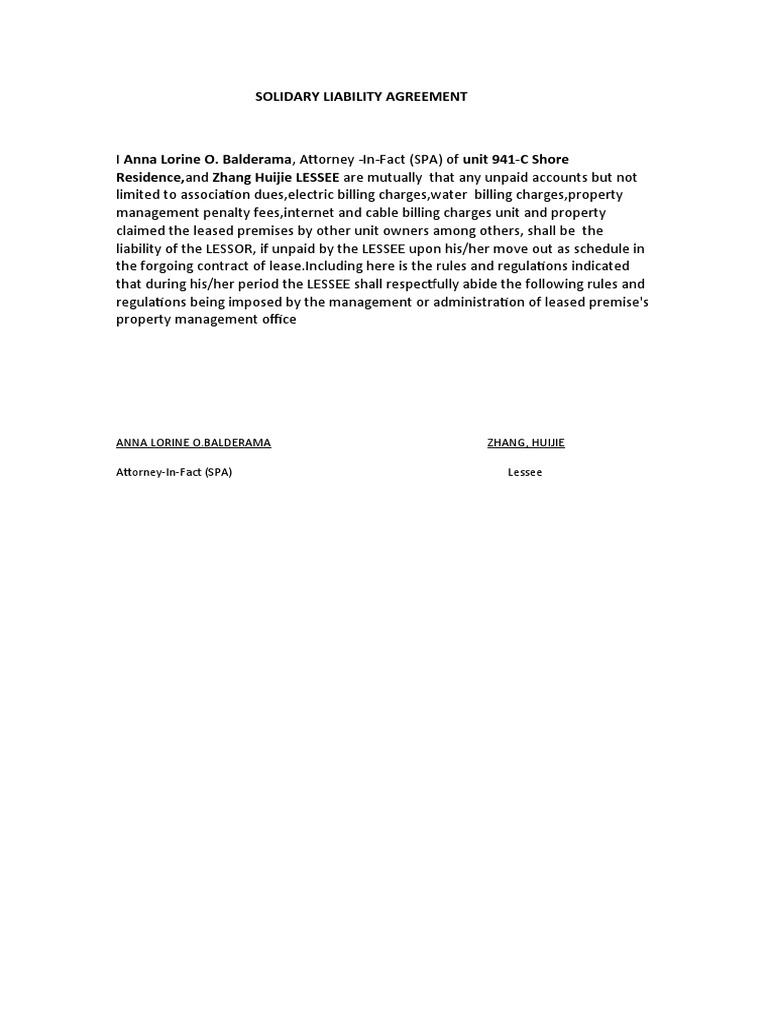 Solidary Liability Agreement Template | PDF | Finance & Money ...