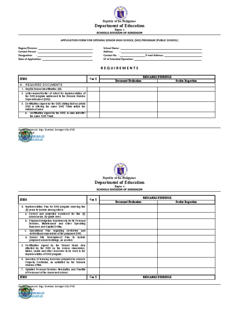 SHS Program Application Form Guidelines | PDF