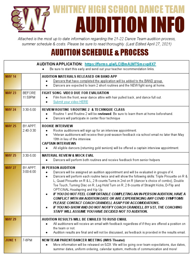21-22 Whitney Dance Team Audition Packet | PDF | Audition