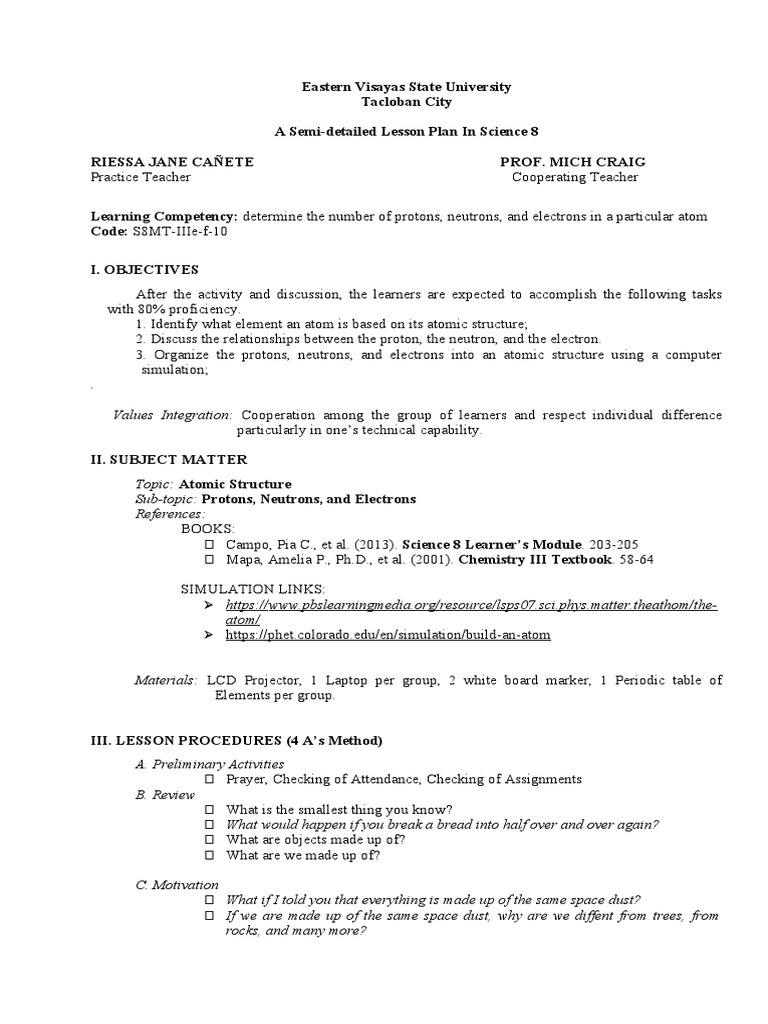 Semi-Detailed Lesson Plan: Atomic Structure | PDF | Atoms | Chemical ...