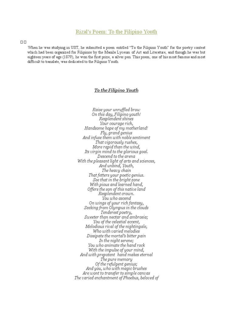 Rizal S Poem To The Filipino Youth Pdf