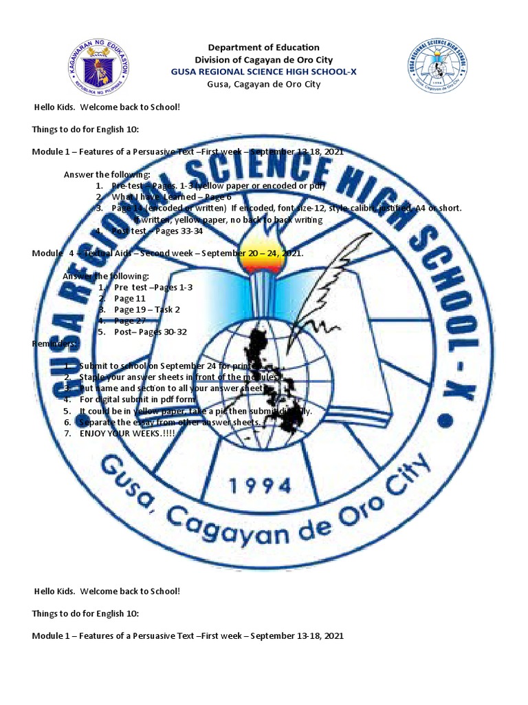 Gusa Regional Science High SchoolX Gusa, Cagayan de Oro City PDF