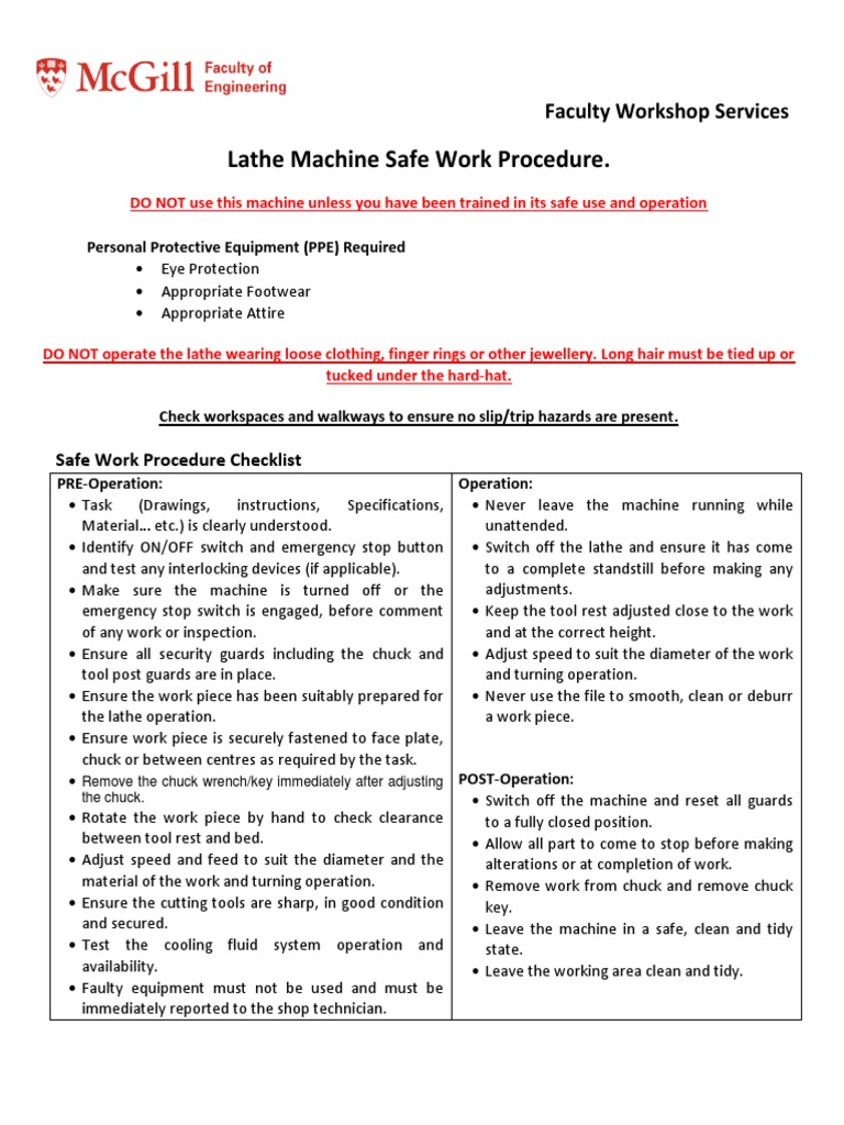 Lathe Machine Safety Procedures | PDF | Drilling | Drill