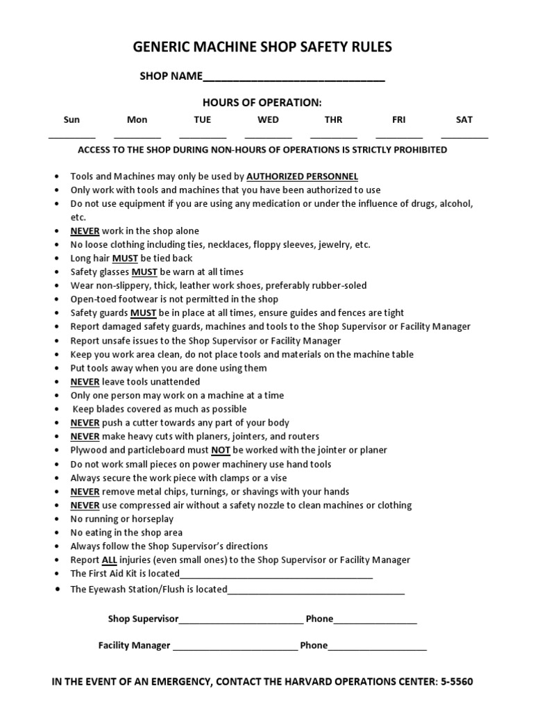 Machine Shop Safety Rules PDF Tools Equipment