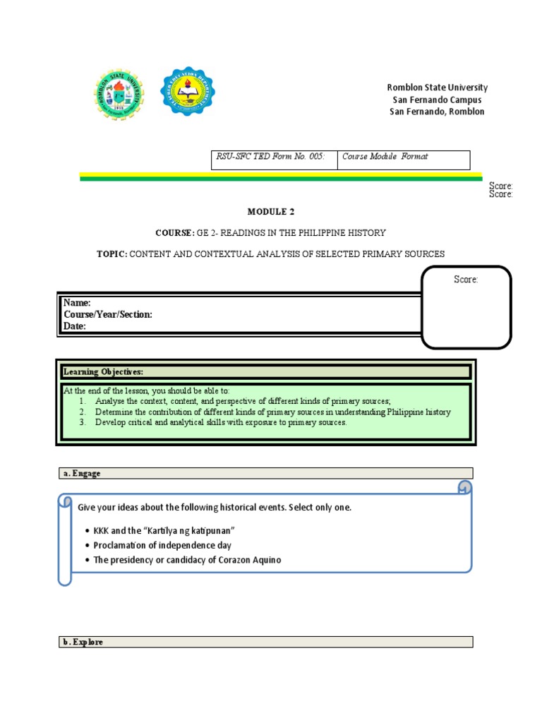 Content And Contextual Analysis Of Primary Sources In Philippine History