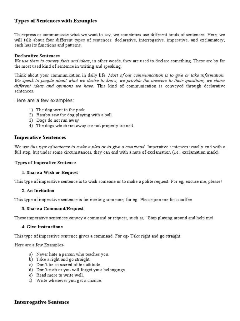 Types of Sentences With Examples | PDF | Question | Sentence (Linguistics)