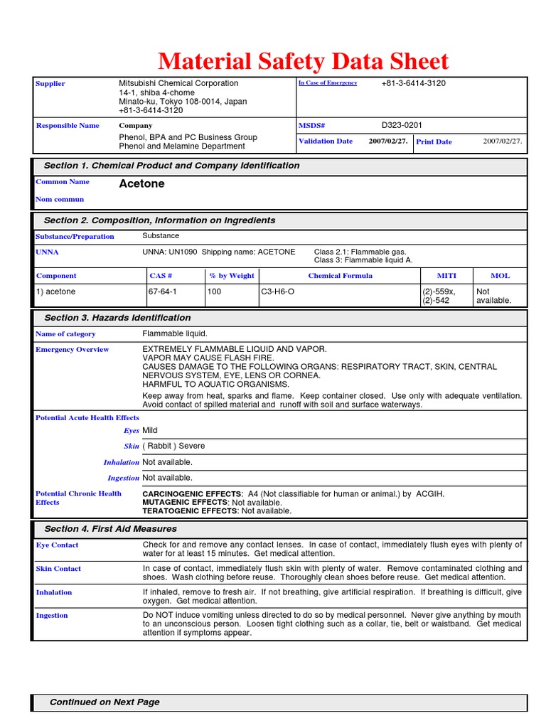 Material Safety Data Sheet: Acetone | PDF | Toxicity | Water