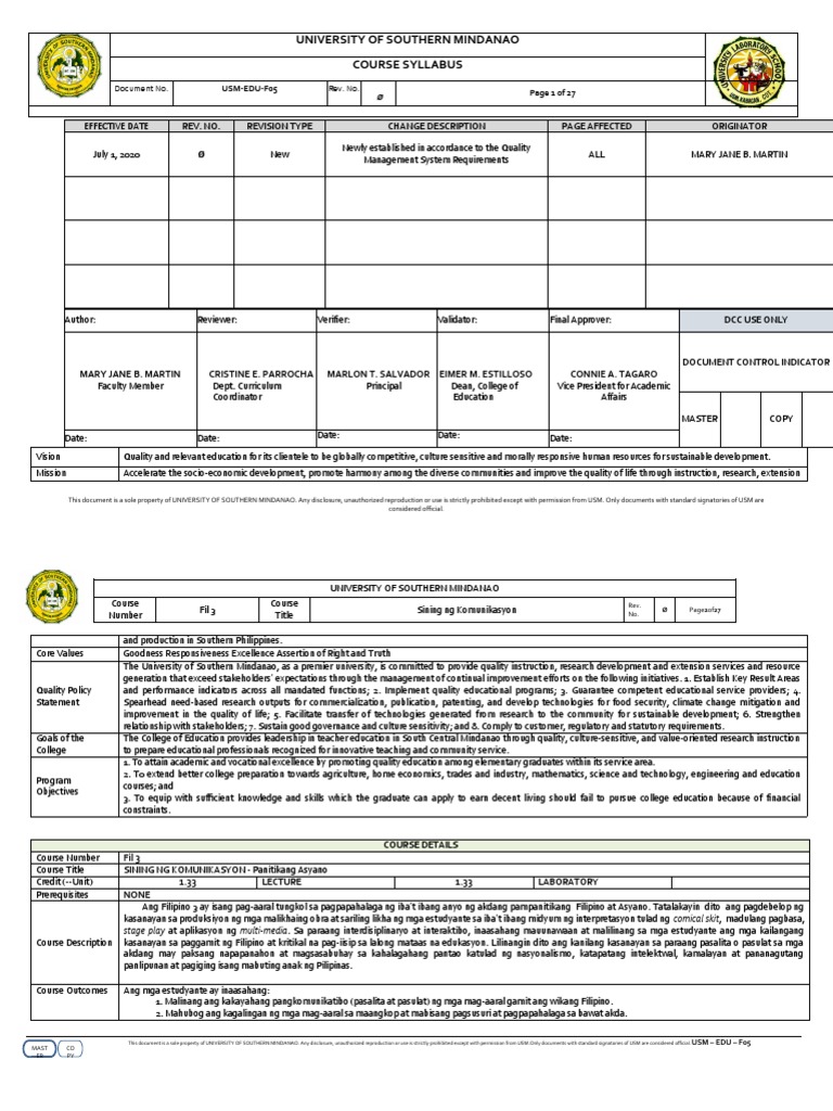 USM Course Syllabus: Sining ng Komunikasyon | PDF | Sustainable Development