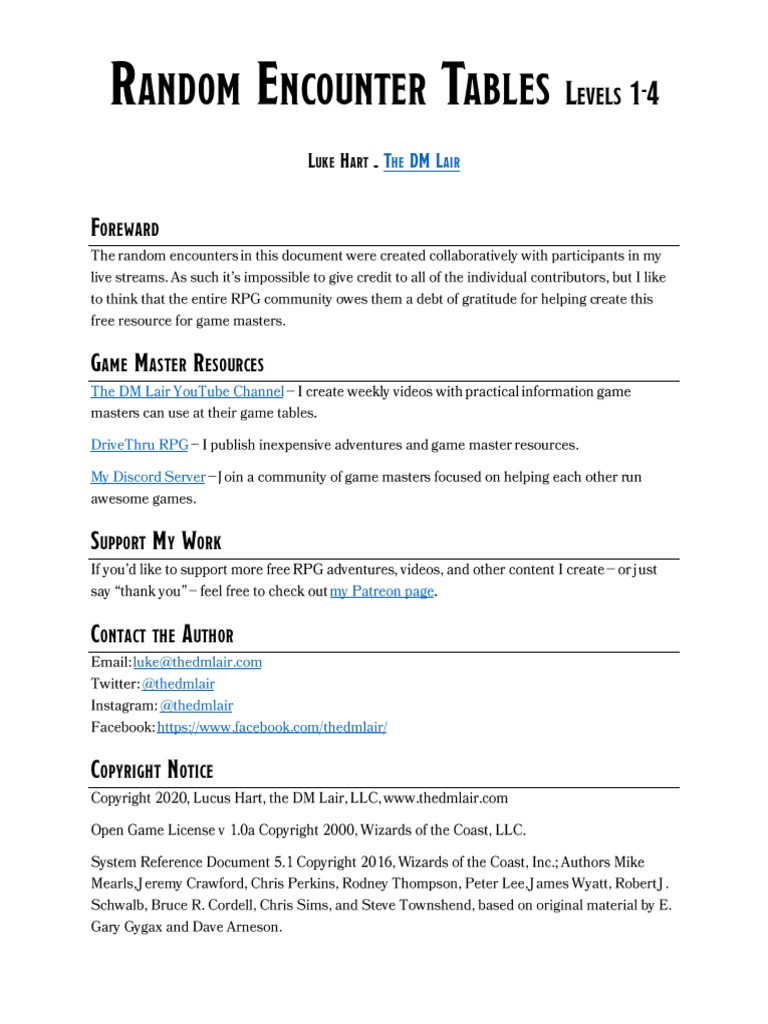 Random Encounter Tables: Levels 1 4 | PDF