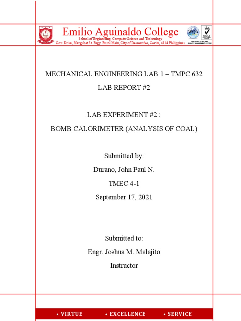 Analysis of Coal Using Bomb Calorimeter PDF Chemistry Physical Quantities