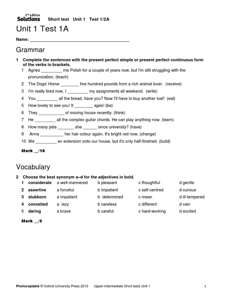Upp-Int Short Tests Unit 01 1A 2A | PDF | Preposition And Postposition ...